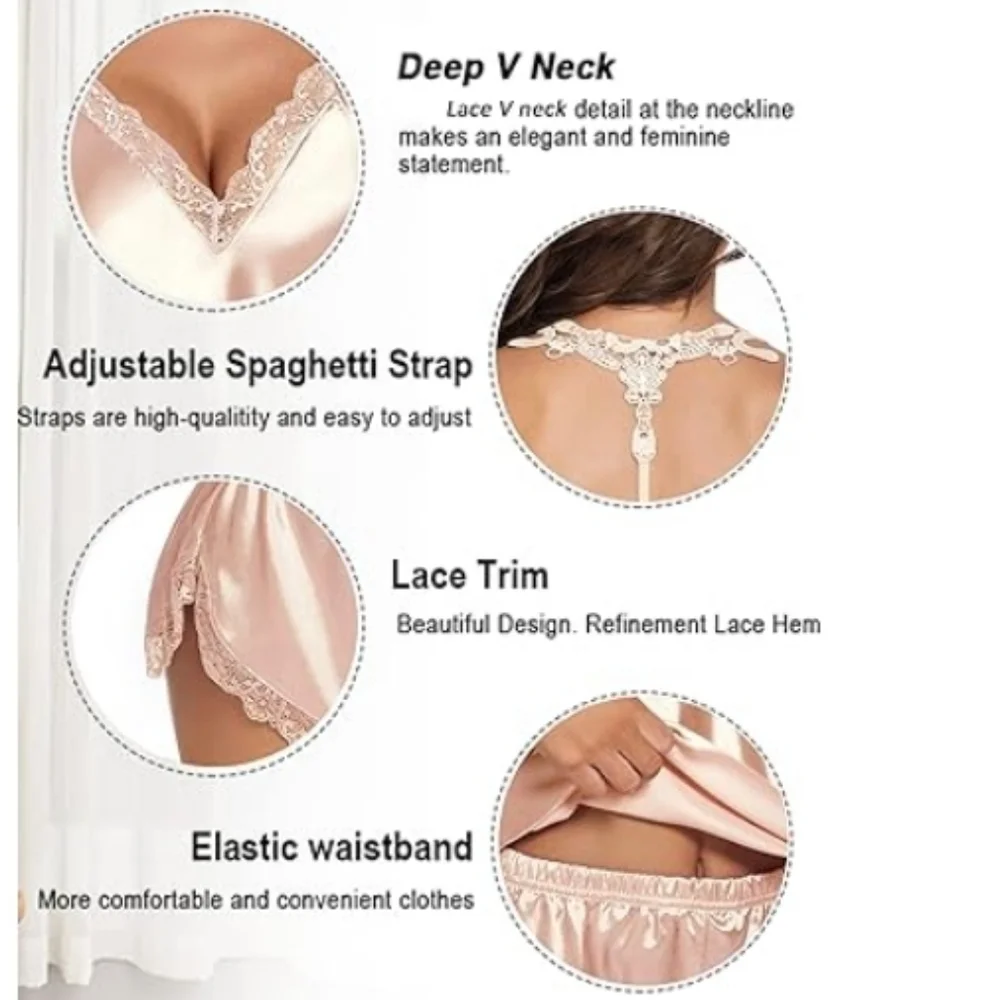 Nightwear Satin Pajamas Set Sleepwear Womens Sexy Lingerie Champagne - Picture 8 of 9